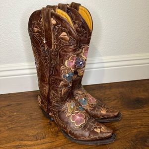 Old Gringo Vintage Floral Pansy Embroidered Boots Size 7 1/2